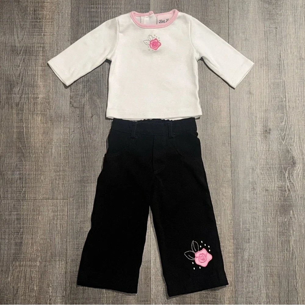 Baby Girls Size 6-9 Months Black & White Outfit with Pink Rose Embroidery